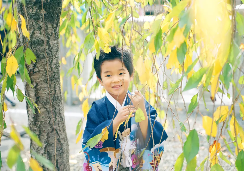 イチョウの木の下で5歳男の子の七五三写真